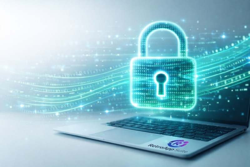 Ilustracja funkcji RetroAppSuite na landingu secure notes pl